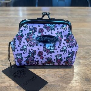 Ed Hardy Kiss-Lock Pink Skull & Rose Cosmetic Coin Purse NWT